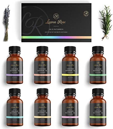 Luana Rose – Sets de aceites esenciales – 100% veganos y naturales – 8x aceites para difusor de aroma para aromaterapia – Set de Regalo de Aceites Puros – Vainilla – Rosa – Lavanda – Eucalipto y más