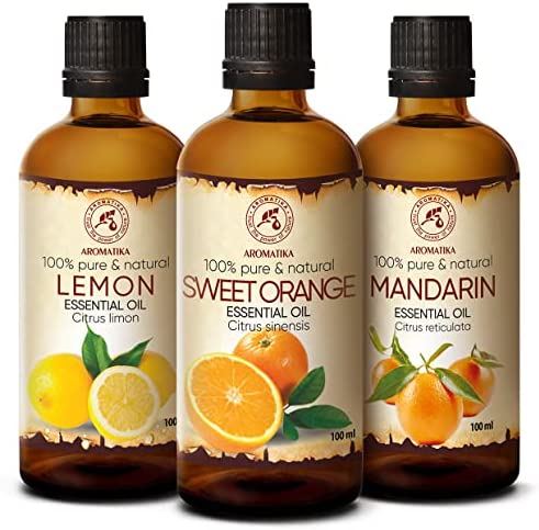 Set de Aceites Esenciales 3x100ml – Aceite Limón – Aceite Naranja – Aceite Mandarina – Aceites para Difusor – Aromalamp – Humidificador – Lámpara Aromática – Cuidado des Uñas
